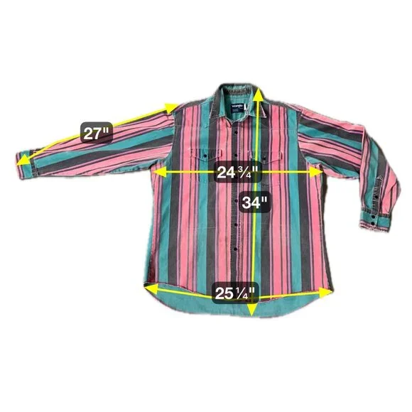 Vintage Wrangler Brushpopper 90s Western Shirt Pink Teal Stripe USA Rodeo Cowboy - Picture 7 of 12
